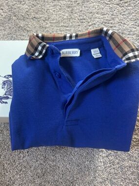 Boys Burberry Blue Polo with Classic Check Collar size 6